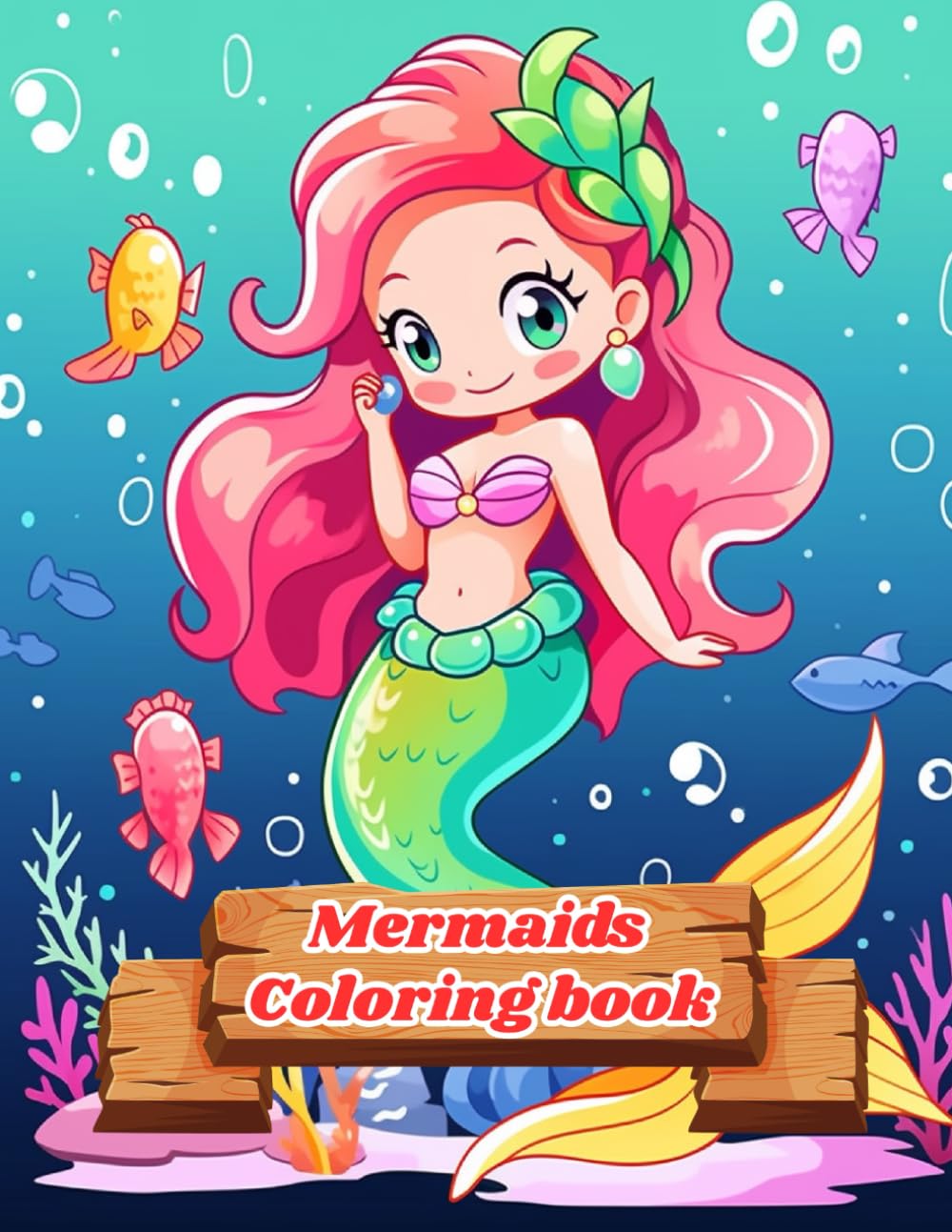 Mermaids Coloring Book with Marine life Ocean Animals and flora